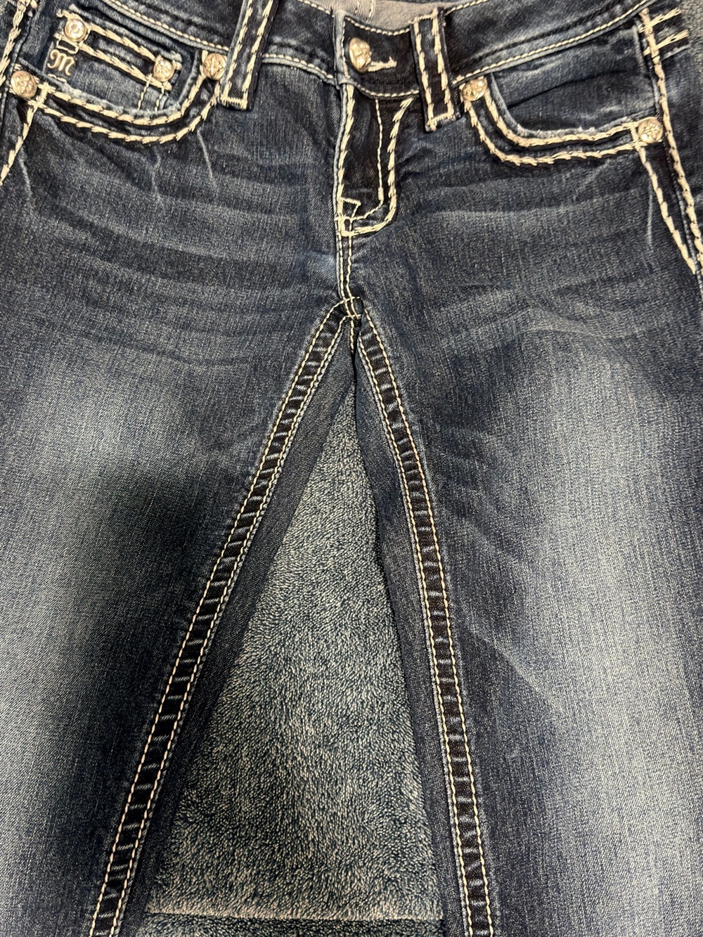 Miss Me Dark Blue Skinny Jeans with Cream Contrast Stitching